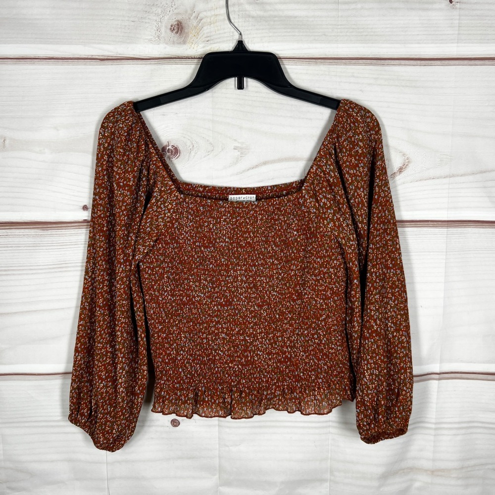 Paper Crane Smocked Top Women M Orange Floral Long Sleeve Square Neck Blouse